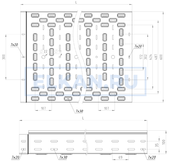 Лоток перфорированный тяжелой серии 600х100х2000 (2,0 мм) нержавеющая сталь Лоток перфорированный тяжелой серии 600х100х2000 (2,0 мм) нержавеющая сталь