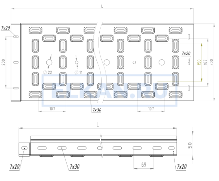 Лоток перфорированный 300х50х2000 (1,2 мм) нержавеющая сталь Лоток перфорированный 300х50х2000 (1,2 мм) нержавеющая сталь