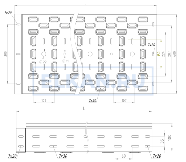 Лоток перфорированный 400х100х3000 (1,0 мм) нержавеющая сталь Лоток перфорированный 400х100х3000 (1,0 мм) нержавеющая сталь