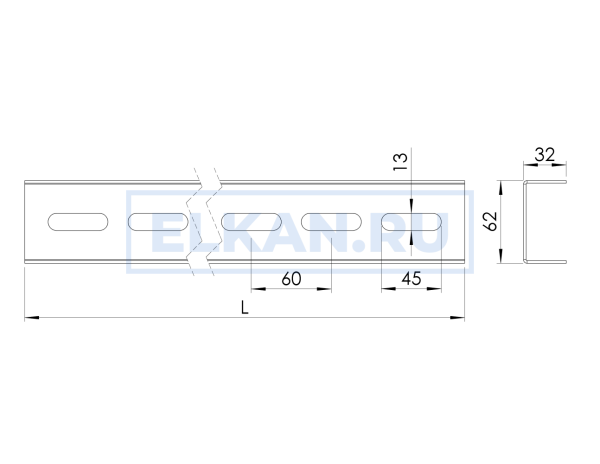 Перфорированный швеллер К240 60х32х2000 толщина 2 мм оцинкованный Перфорированный швеллер К240 60х32х2000 толщина 2 мм оцинкованный