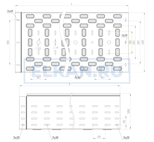Лоток перфорированный 400х200х3000 (1,0 мм) крашенный