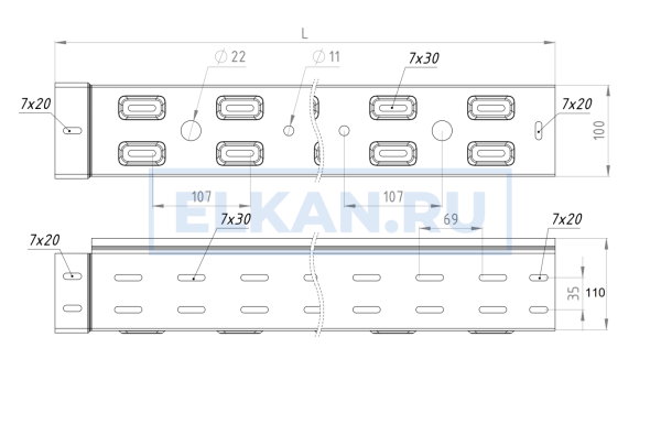 Лоток перфорированный 100х110х3000 (1,0 мм) нержавеющая сталь Лоток перфорированный 100х110х3000 (1,0 мм) нержавеющая сталь
