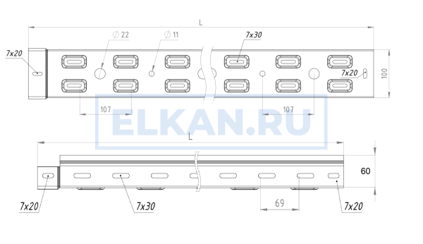 Лоток перфорированный тяжелой серии 100х60х2000 (2,0 мм) крашенный
